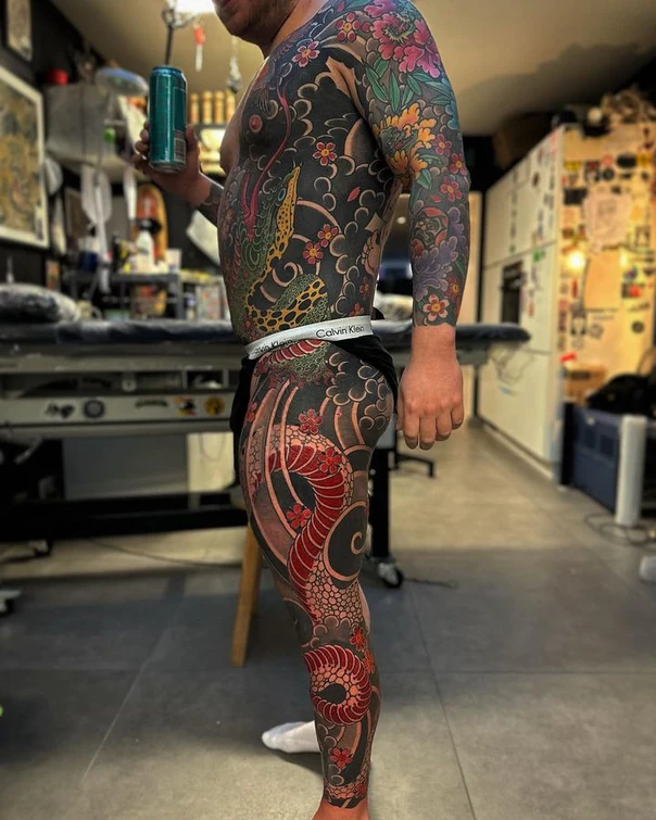 Japanese Snake, Flowers tattoo on Full body