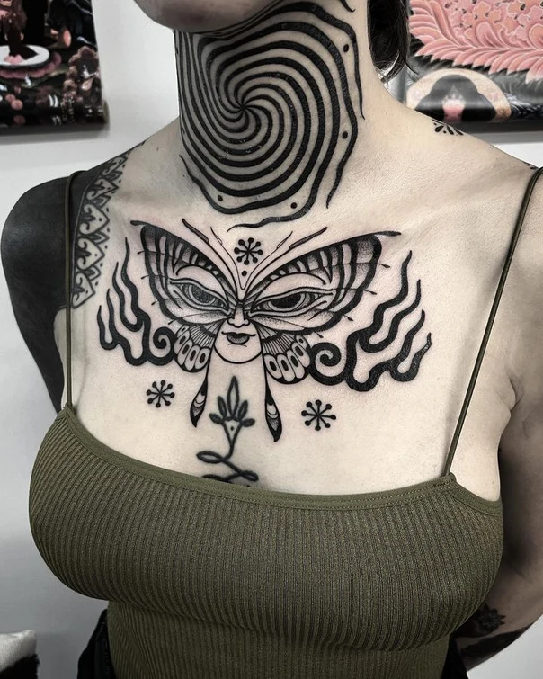 Blackwork Butterfly, Eyes tattoo on Chest