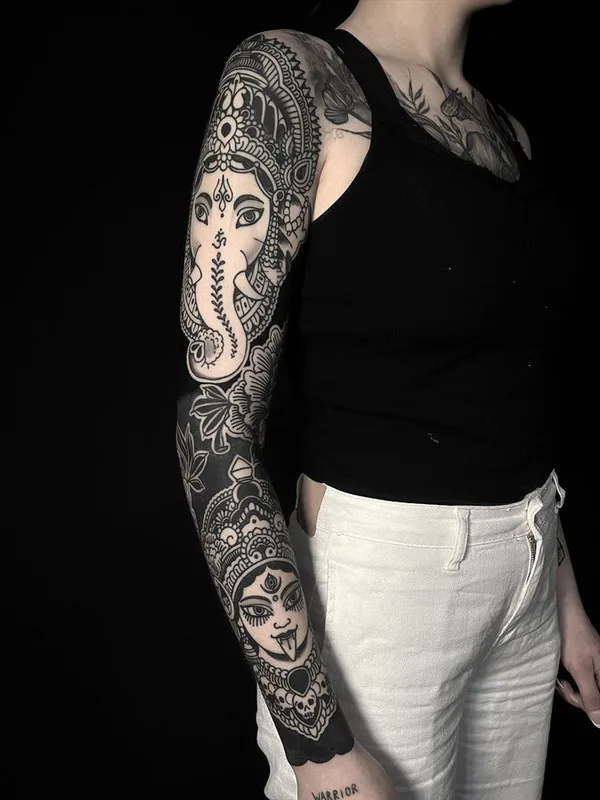 female black and grey blackwork 纹身 在 full sleeve #66519 | 纹身师 Jeremie Kergroach