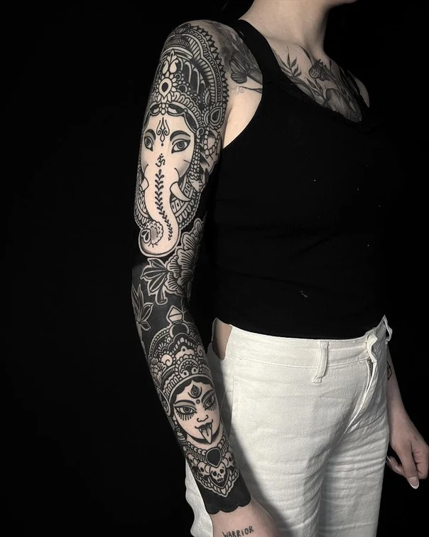 Blackwork Religious, Floral tattoo on Full Sleeve