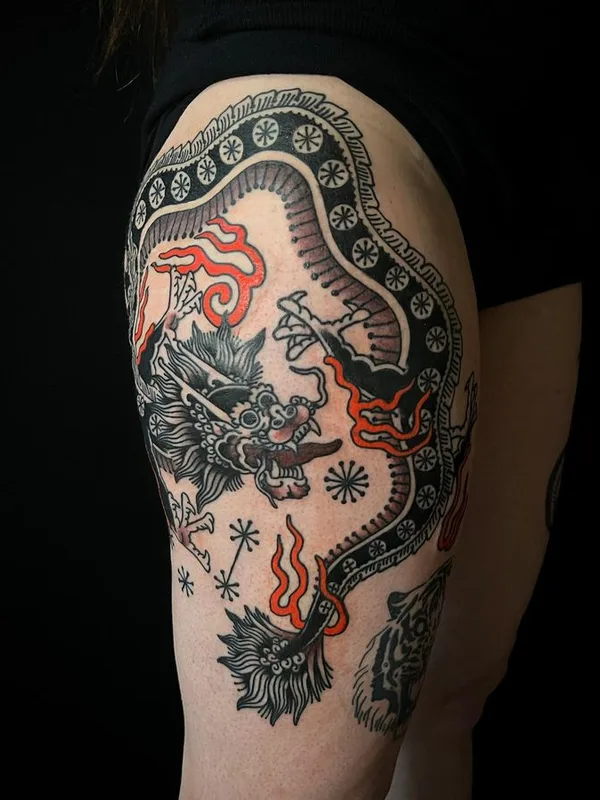color japanese 纹身 在 thigh #66523 | 纹身师 Jeremie Kergroach