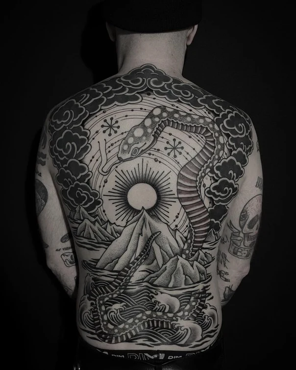 Blackwork Snake, Mountains tattoo on Full Back
