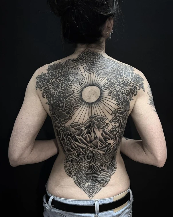 Japanese Sun, Mountains tattoo on Full Back