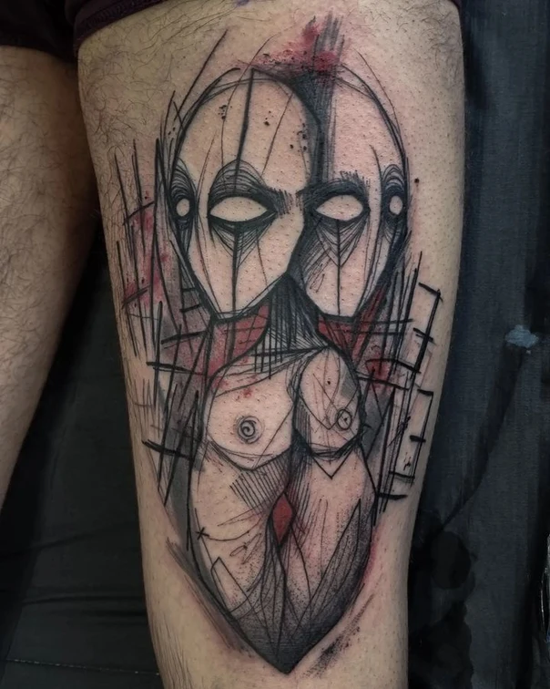 Sketch Figure, Face tattoo on Thigh