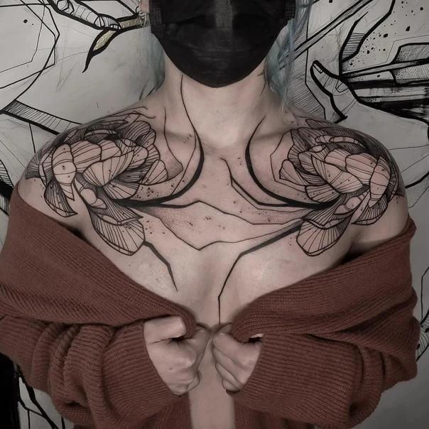 Linework Flowers, Abstract tattoo on Chest