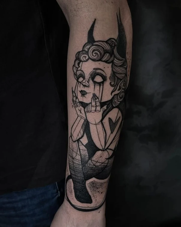 Blackwork Demon, Horns tattoo on Forearm