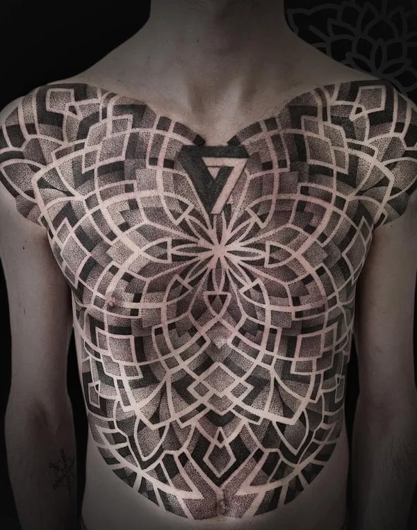 male black and grey geometric 纹身 在 chest #66537 | 纹身师 Jean Pierre Mottin