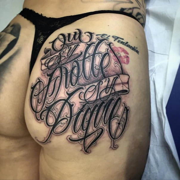 Lettering Script, Banner tattoo on Hip