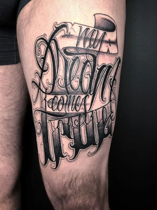 black and grey lettering 纹身 在 thigh #66551 | 纹身师 AserOne