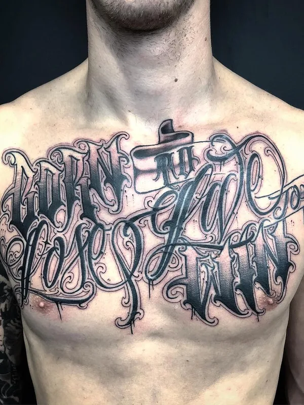 male black and grey lettering 纹身 在 chest #66555 | 纹身师 AserOne