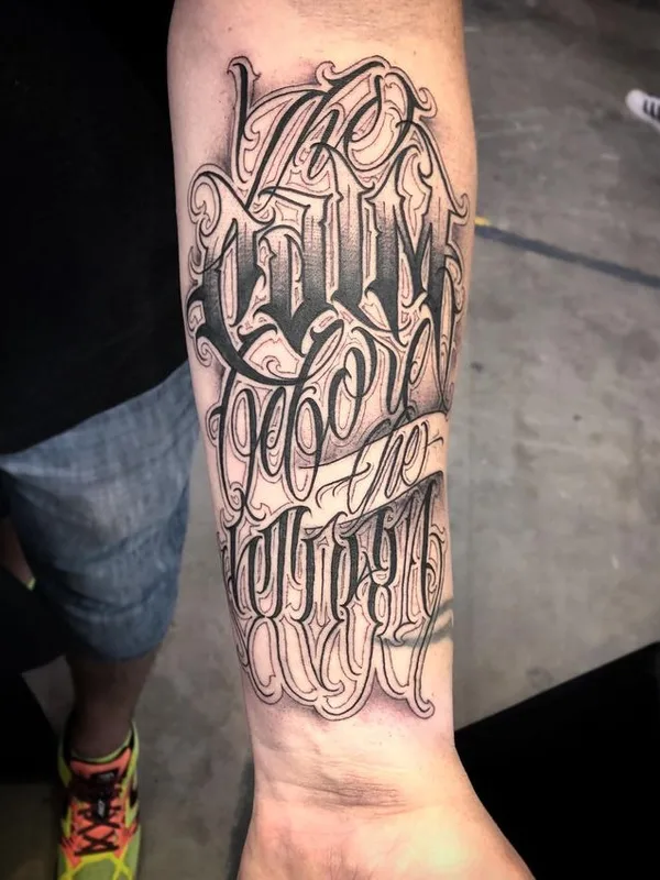 black and grey lettering 纹身 在 forearm #66554 | 纹身师 AserOne