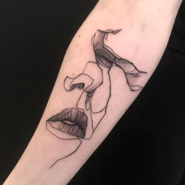 Linework Face, Lips tattoo on Forearm