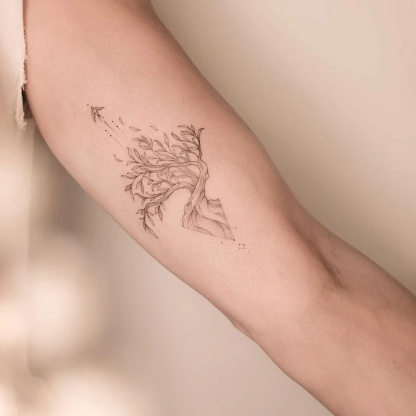 Fineline Tree, Bird tattoo on Forearm
