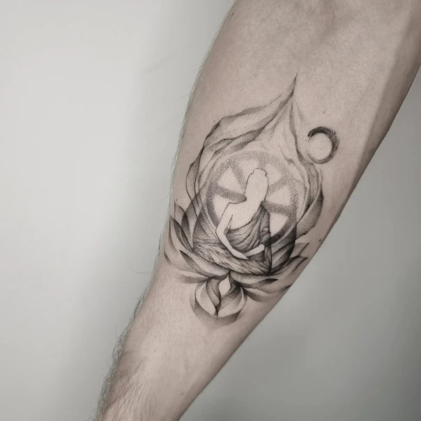 Black & Grey Lotus, Buddha tattoo on Forearm