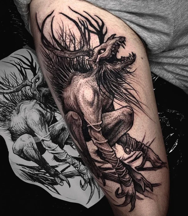 Blackwork Creature, Forest tattoo on Calf