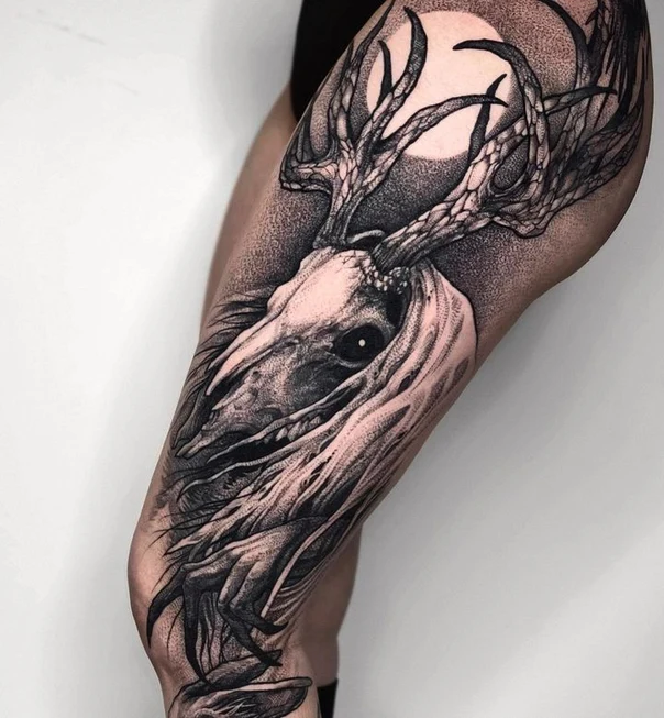 Black & Grey Skull, Deer tattoo on Thigh
