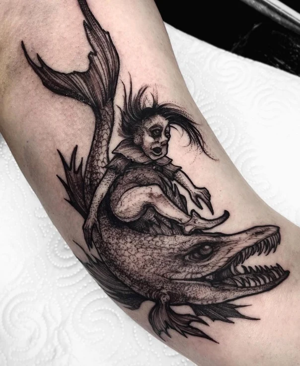 Blackwork Creature, Fish tattoo on Forearm