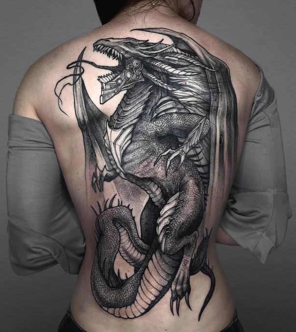 Black & Grey Dragon tattoo on Full Back