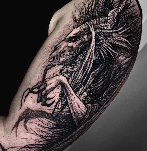 Blackwork Demon, Skull tattoo on Bicep
