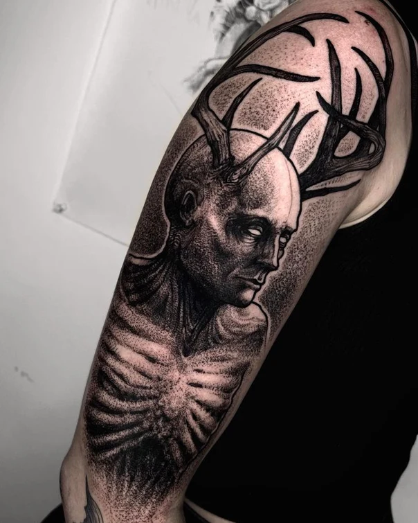 Black & Grey Human, Antlers tattoo on Upper Arm