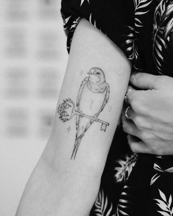 Fineline Bird, Key tattoo on Forearm