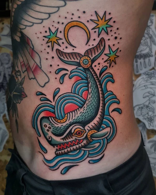 Old School Whale, Stars tattoo on Side