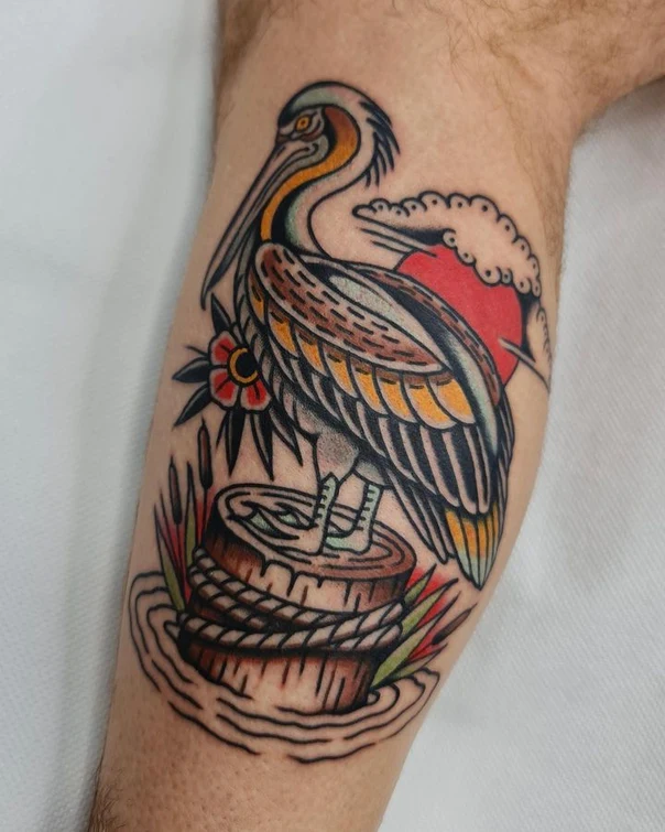 Traditional Bird, Flower tattoo on Calf