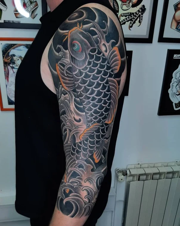 Japanese Koi, Waves tattoo on Full Sleeve