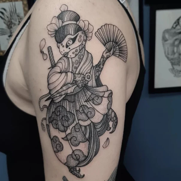 Japanese Geisha, Clouds tattoo on Upper Arm