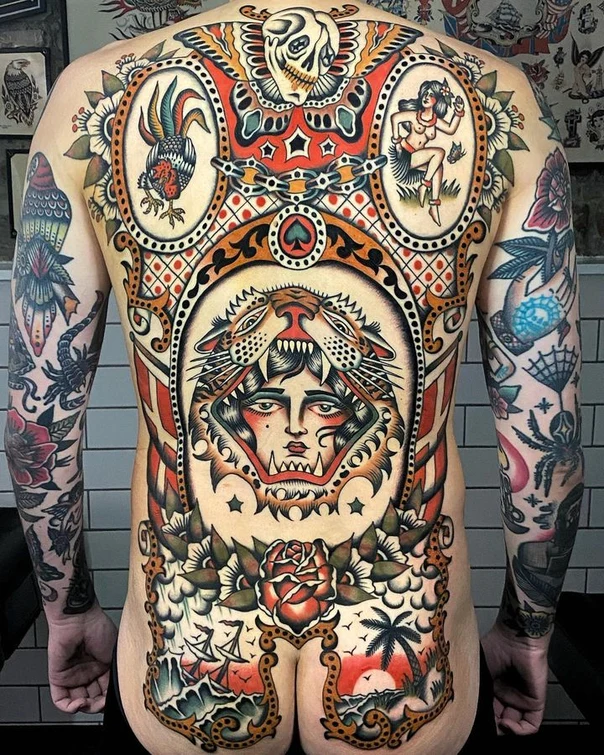 Traditional Rose, Tiger tattoo on Full Back