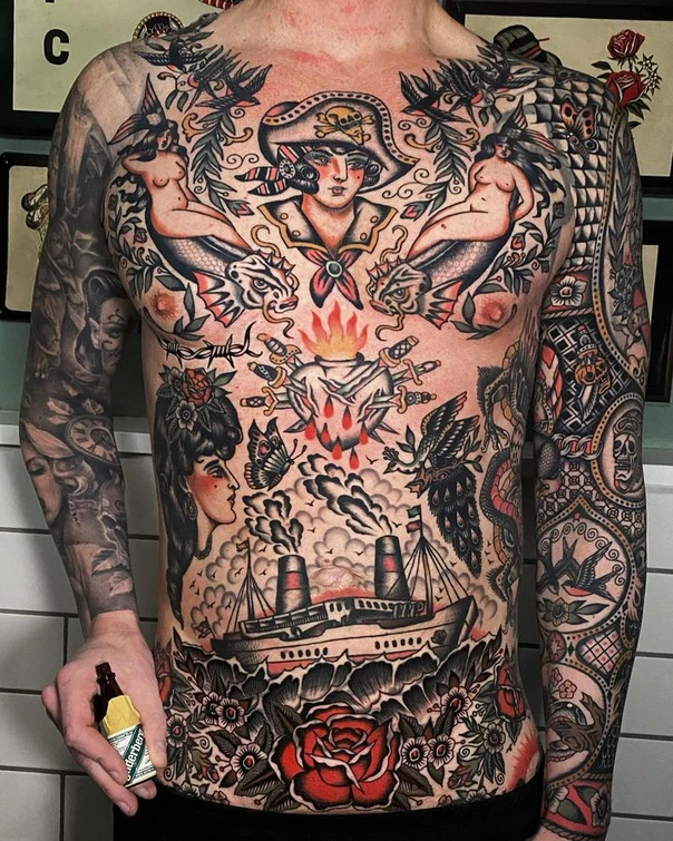 Traditional Sailor, Mermaids tattoo on Full body