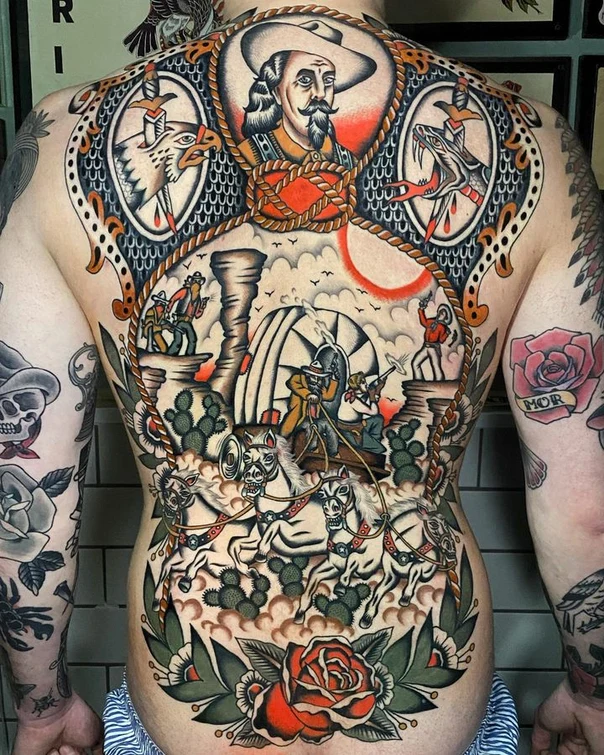 Traditional Cowboy, Horses tattoo on Full Back