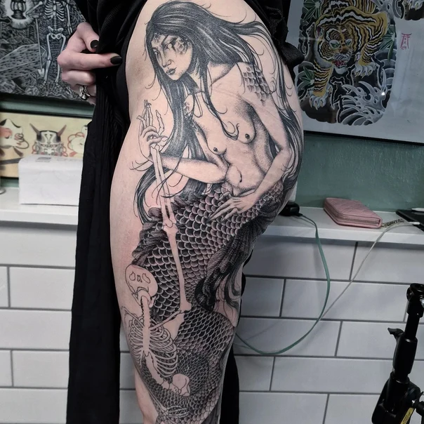 Blackwork Mermaid, Skeleton tattoo on Thigh