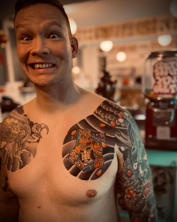 Japanese Samurai, Flowers tattoo on Chest