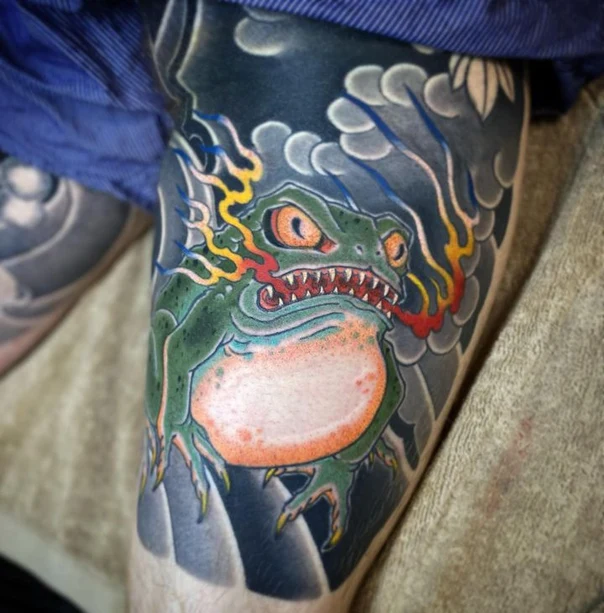 Japanese Frog, Fire tattoo on Thigh
