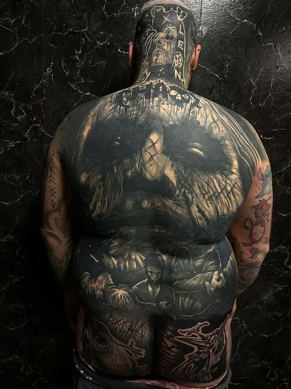 male black blackwork tattoo on full back #66950 | Tattoo Artist Jyrke Savolainen