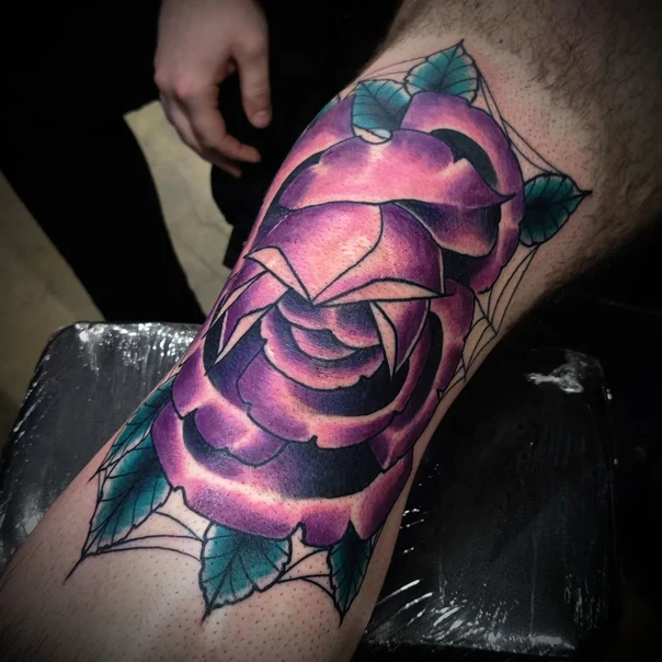 Neo Traditional Rose, Spiderweb tattoo on Calf