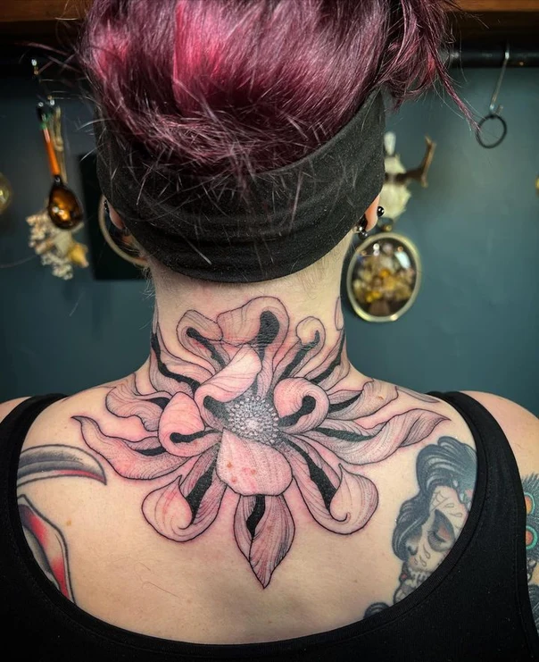 Botanic Flower tattoo on Back of Neck