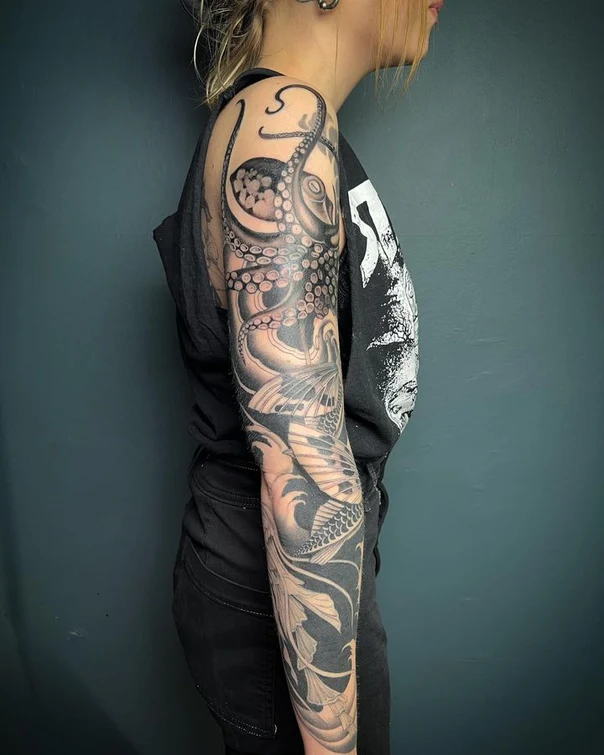 Japanese Octopus, Koi tattoo on Full Sleeve