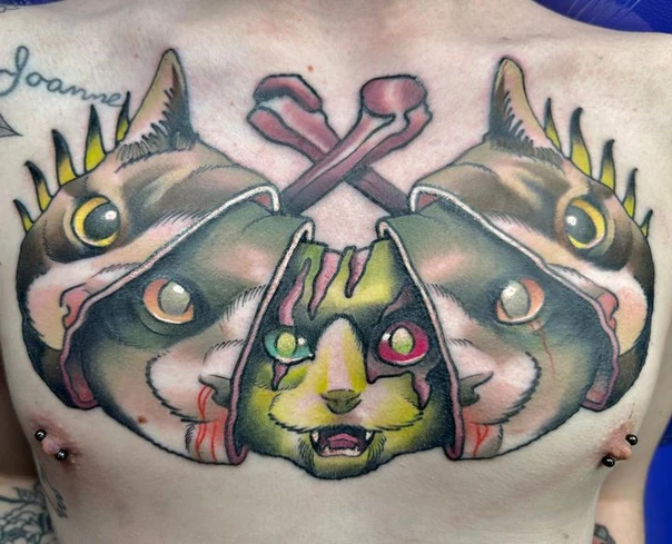 New School Cat, Bone tattoo on Chest