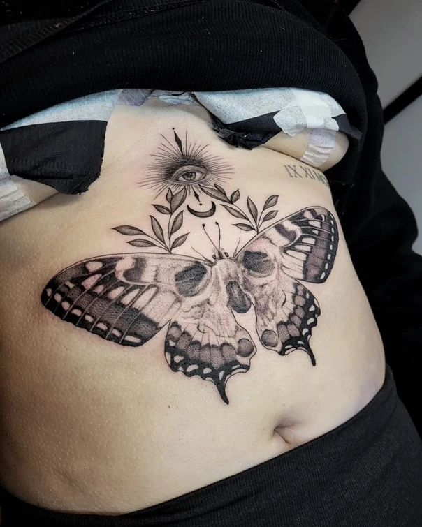 Blackwork Butterfly, Skull tattoo on Stomach