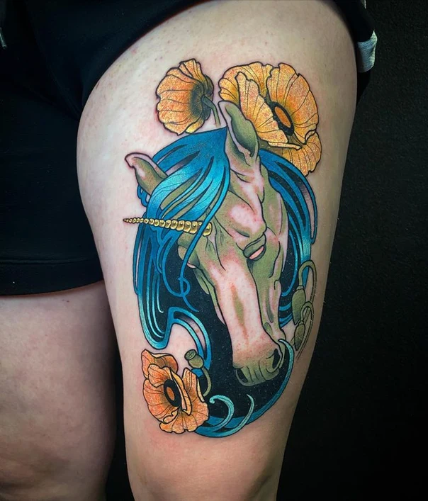 Illustrative Unicorn, Flowers tattoo on Thigh