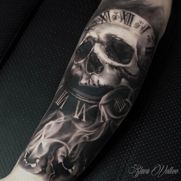 Realism Skull, Clock tattoo on Forearm