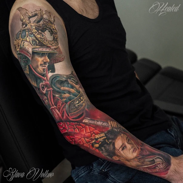 Realism Samurai, Geisha tattoo on Full Sleeve