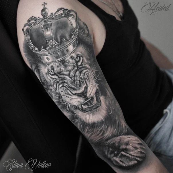 Realism Lion, Crown tattoo on Full Sleeve