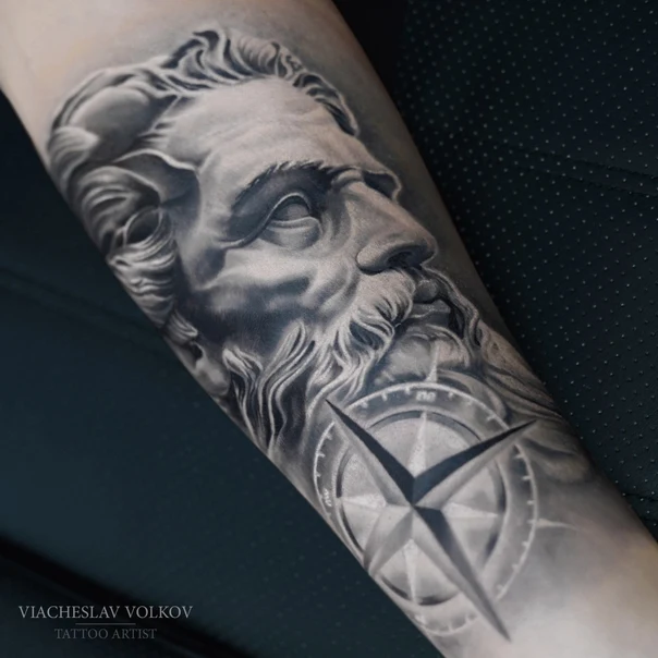 Realism Portrait, Compass tattoo on Forearm