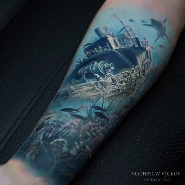 Realism Shipwreck, Shark tattoo on Forearm