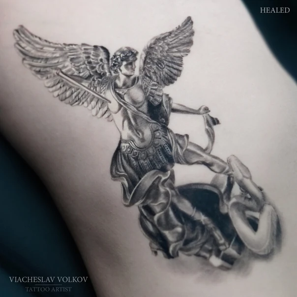 Realism Angel, Mythological tattoo on Thigh
