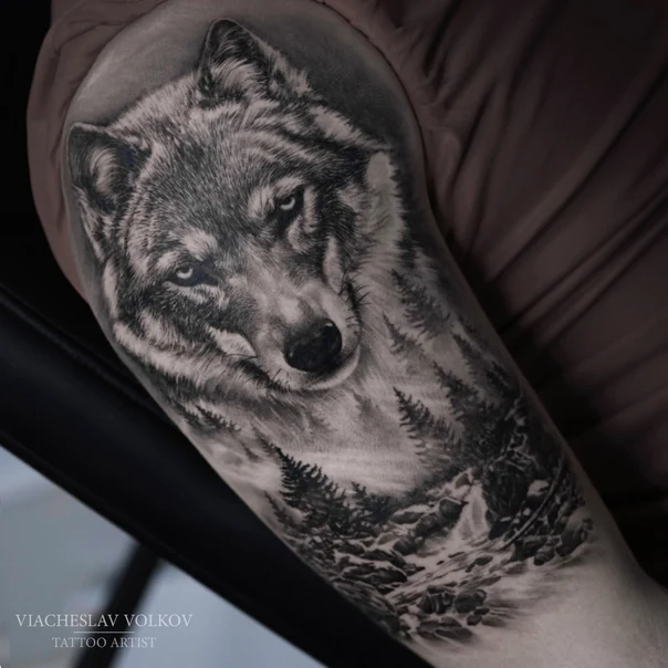 Realism Wolf, Forest tattoo on Upper Arm