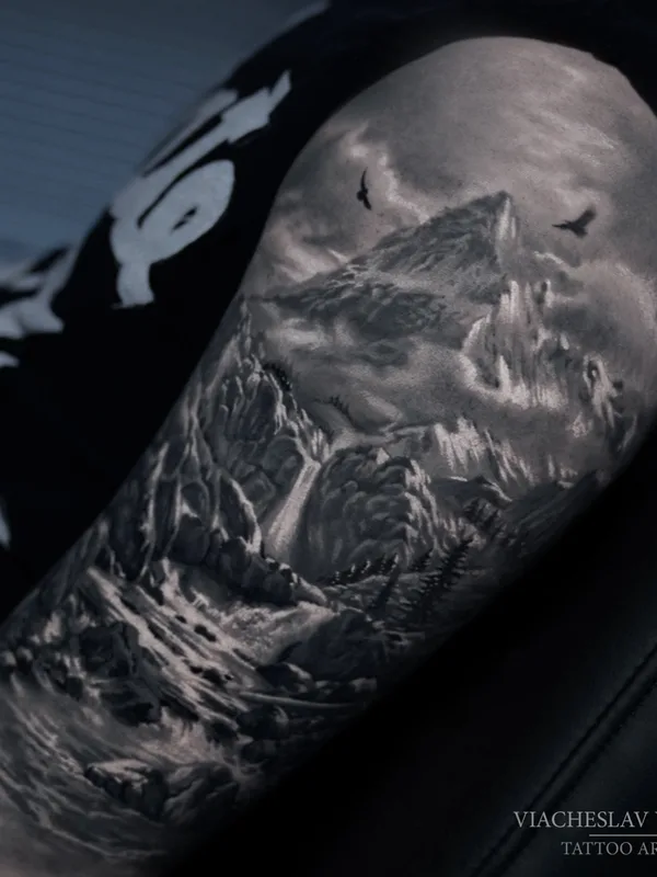 black and grey realism татуировка на full sleeve #67102 | Тату мастер Вячеслав Волков